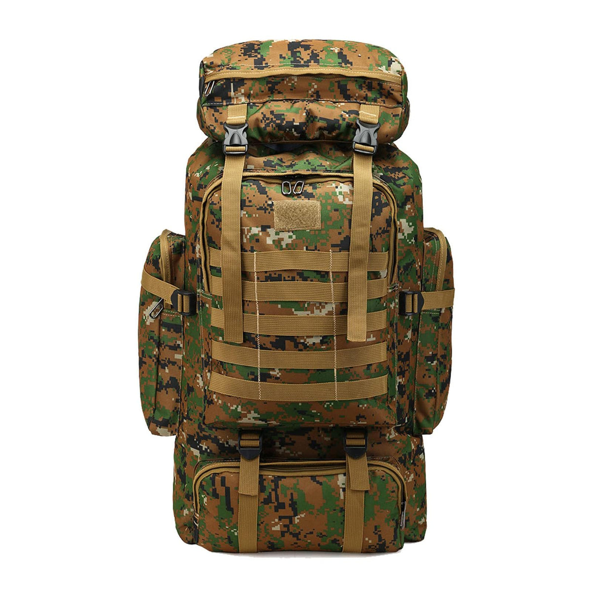 Ziliyy front view of 70L camo backpack showing organized pockets and capacity benefit