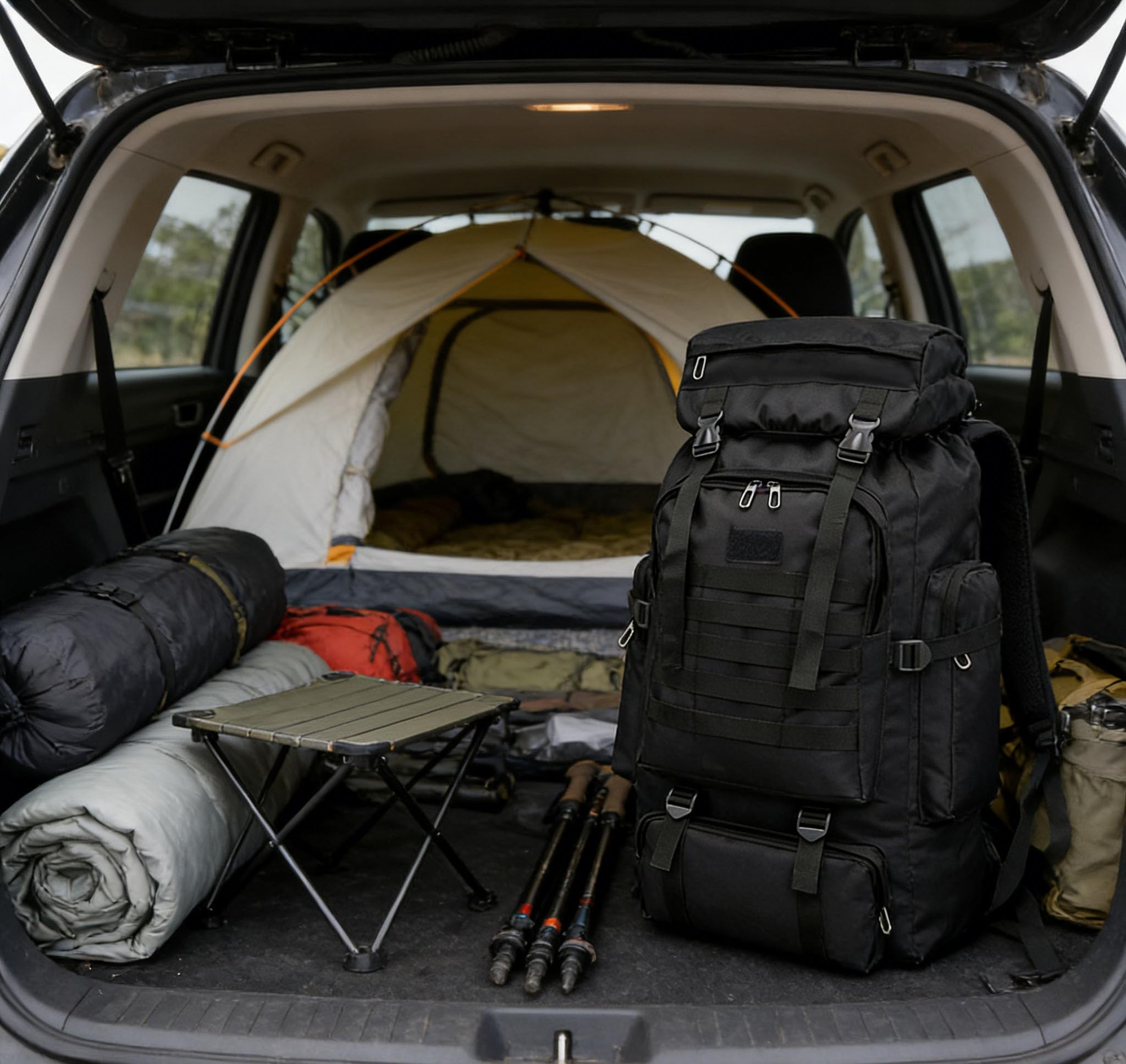 Ziliyy next to camping gear showing scale and true 70L capacity benefit