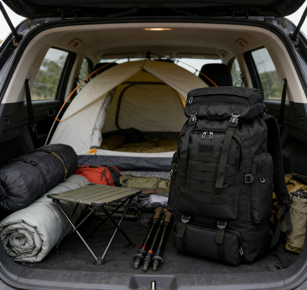 Ziliyy next to camping gear showing scale and true 70L capacity benefit