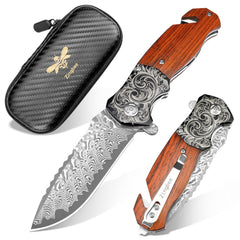 Zingbee front view of Damascus pocket knife shows balance and carry clip benefit