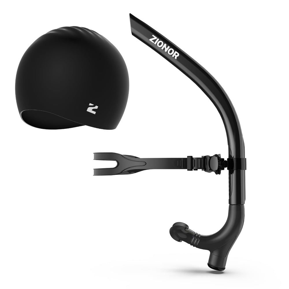 ZIONOR front view of snorkel and cap showing compact training kit benefits