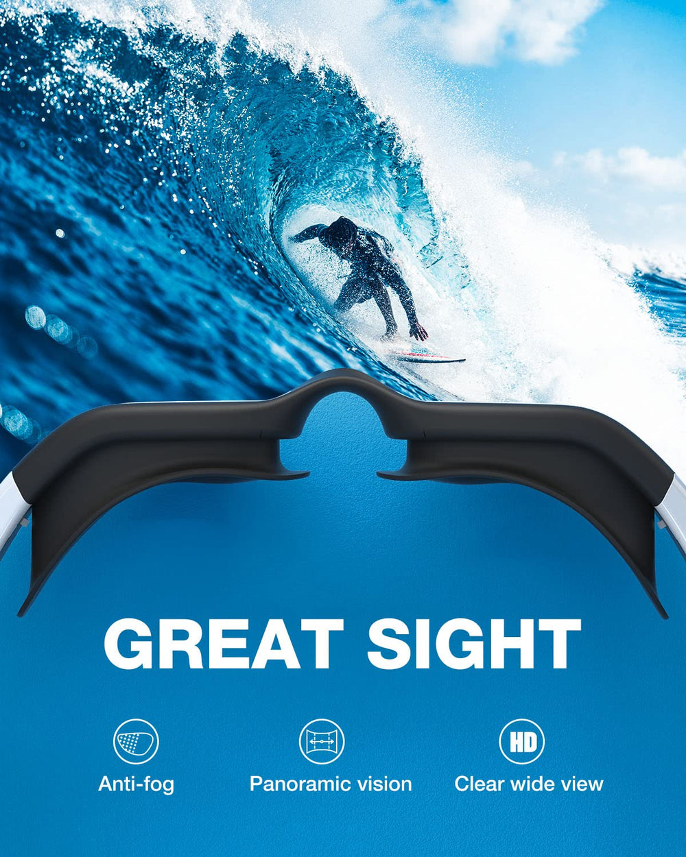 ZIONOR goggles worn in open water illustrating clear vision and UV protection benefit