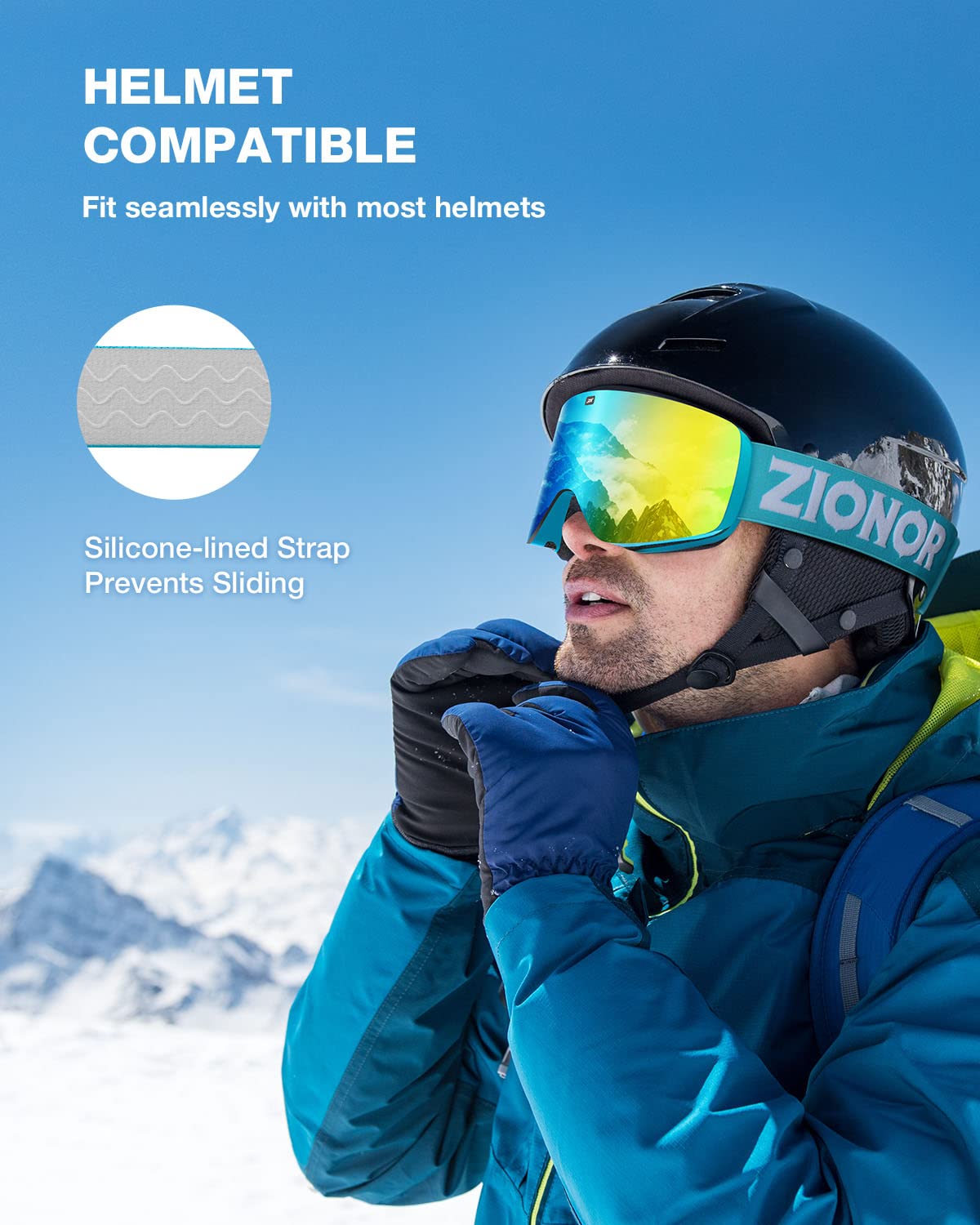 ZIONOR X11 lifestyle shot on a snowy slope showing stable, glare-free vision