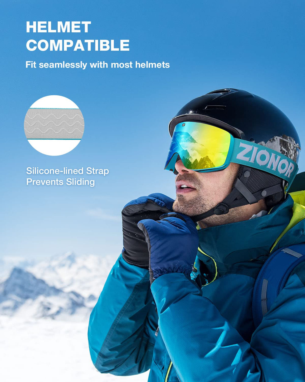 ZIONOR X11 lifestyle shot on a snowy slope showing stable, glare-free vision