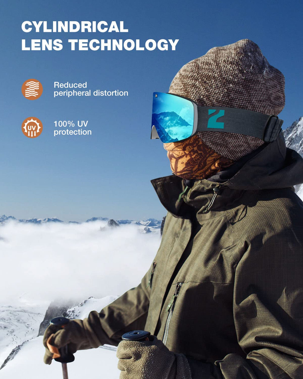 ZIONOR X11 worn by a male skier showing helmet fit and secure coverage benefit
