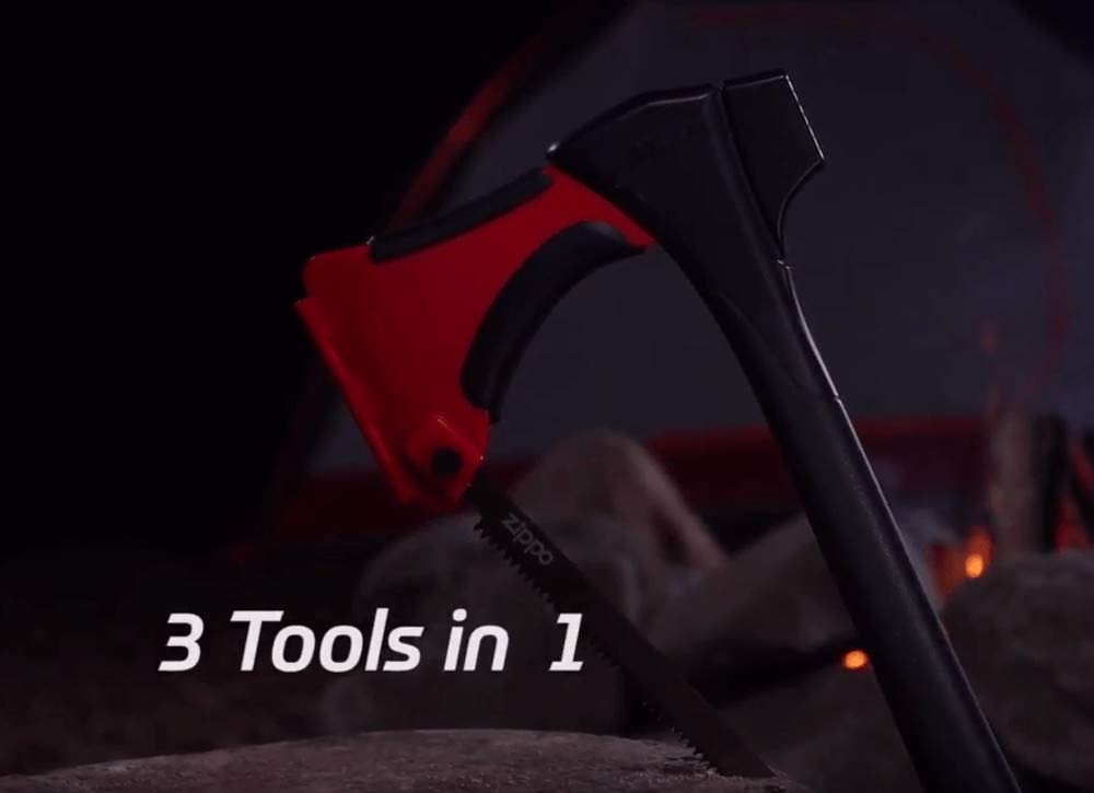 Zippo 3-in-1 Axesaw at campsite near firewood, versatile tool for chopping and sawing