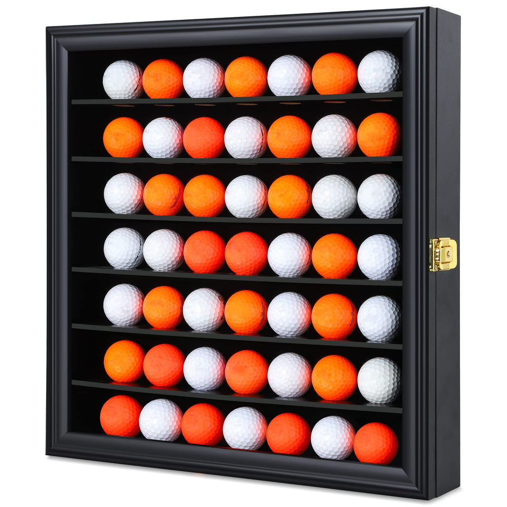 Zmiky front view of black 49-ball wall display showcasing organized memorabilia and secure presentation