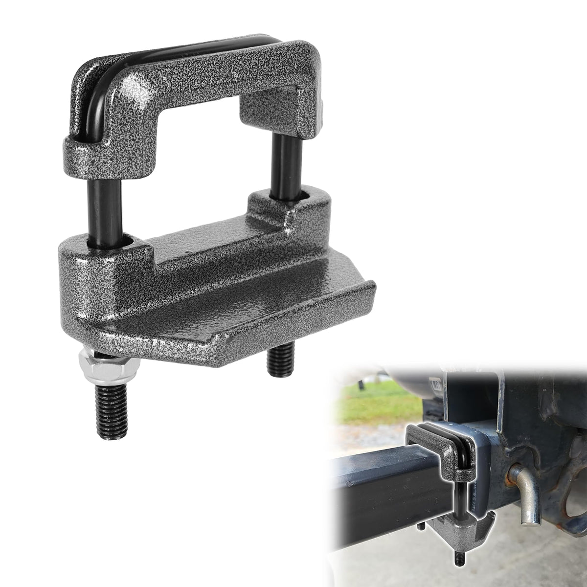 ZNZMAIO front view of hitch tightener showing secure clamp benefit