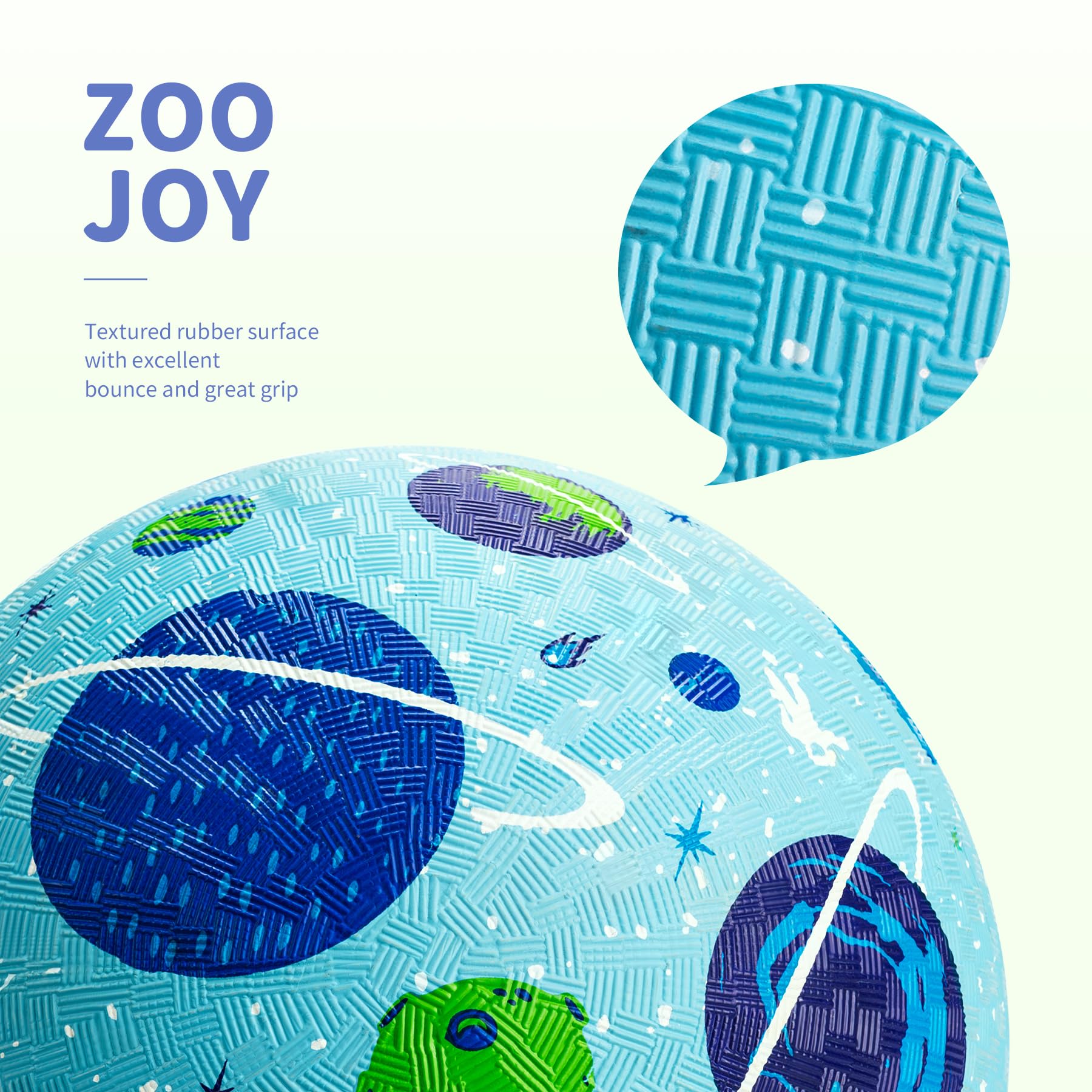 ZOOJOY planet print close-up on ball, colorful artwork encourages exploration and group games