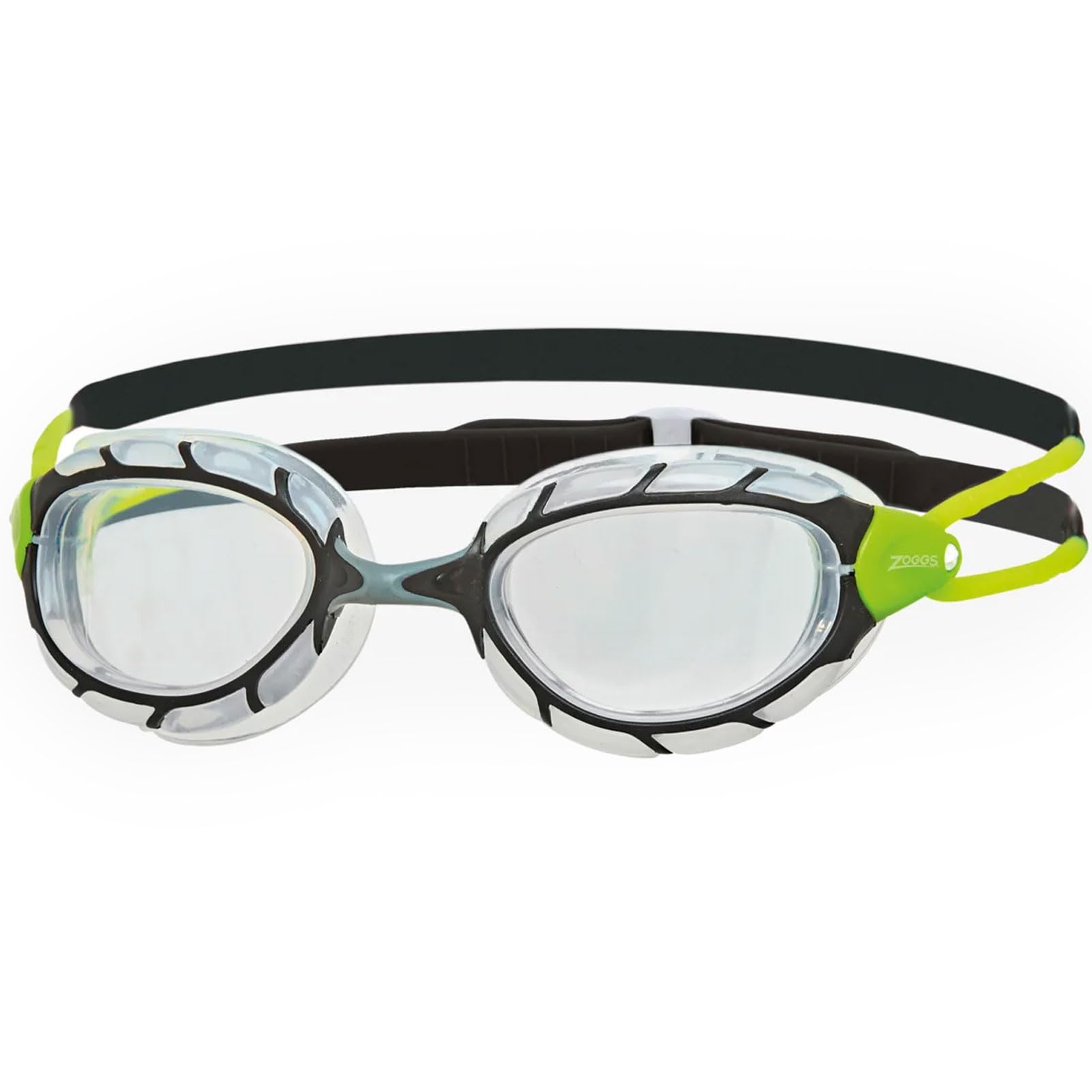 Zoggs Predator front view showing clear lenses and comfortable seal benefit