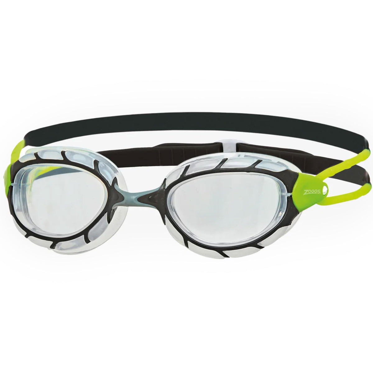 Zoggs Predator front view showing clear lenses and comfortable seal benefit