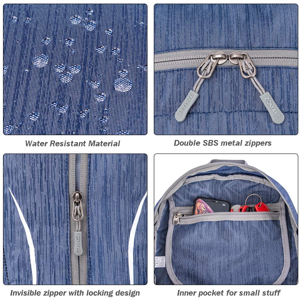 ZOMAKE metal zipper and reinforced stitching close-up showing durable construction