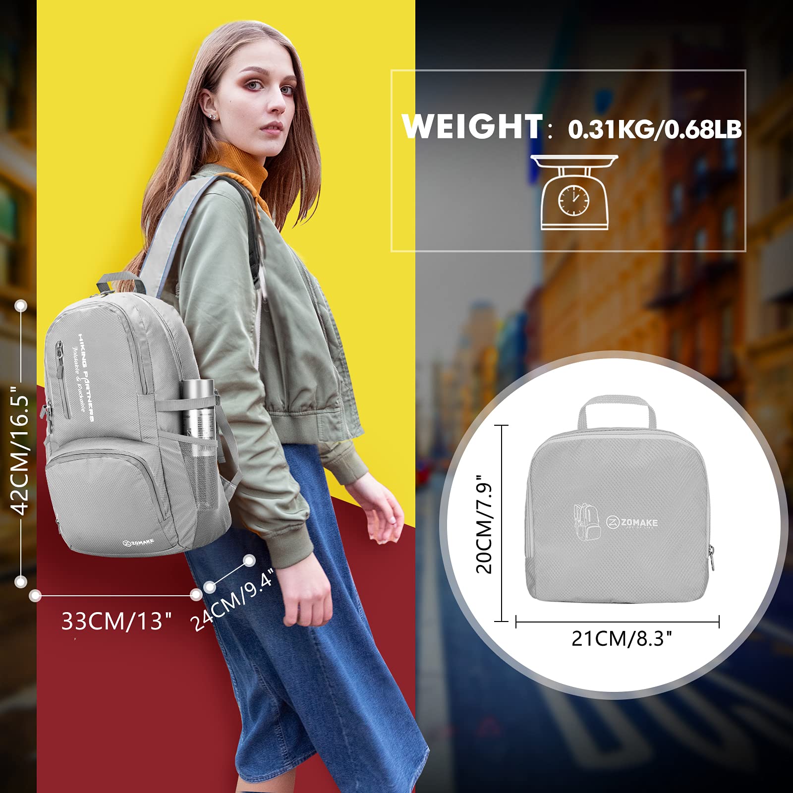 ZOMAKE folded into compact pocket for easy packing and space-saving benefit