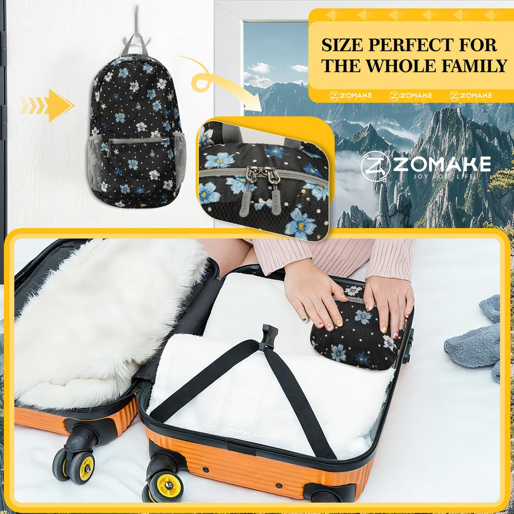 ZOMAKE compact folded pouch inside suitcase showing space-saving convenience
