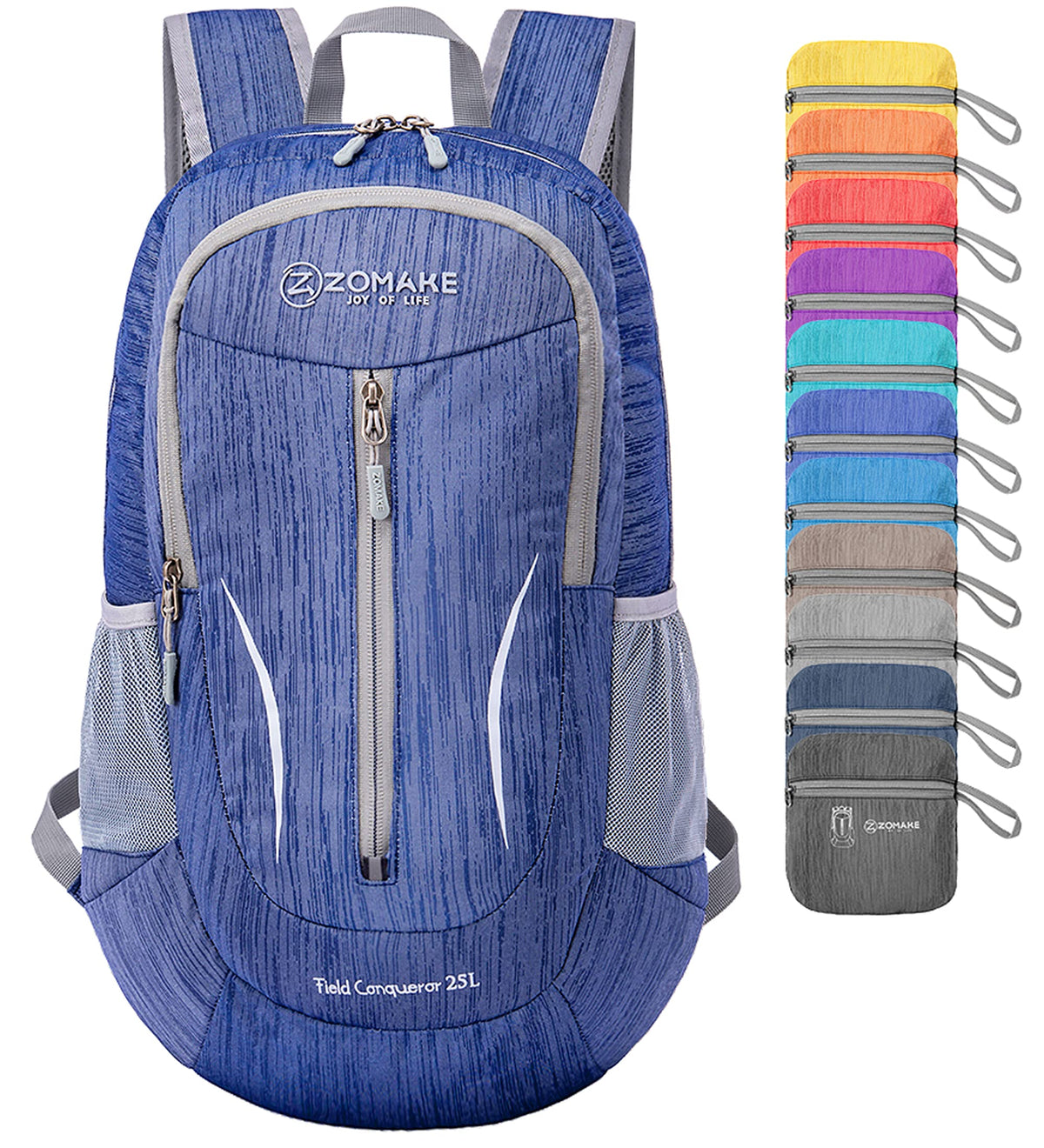 ZOMAKE front view of dark blue packable backpack showing clean shape and pockets, convenient carry