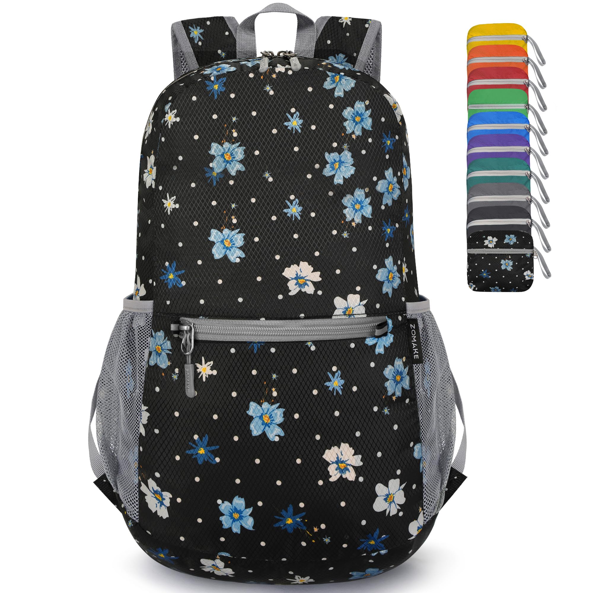 ZOMAKE front view showing folded and full-size pack for easy travel