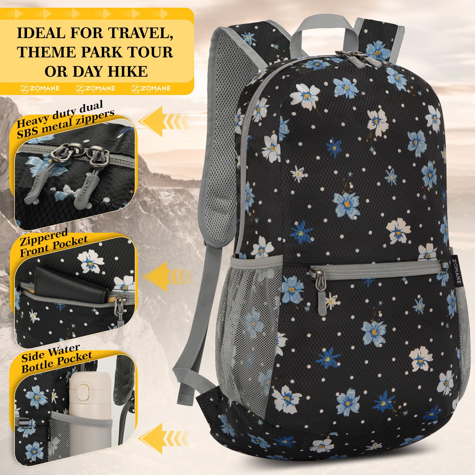 ZOMAKE on hiker wearing pack showing comfortable straps and low weight