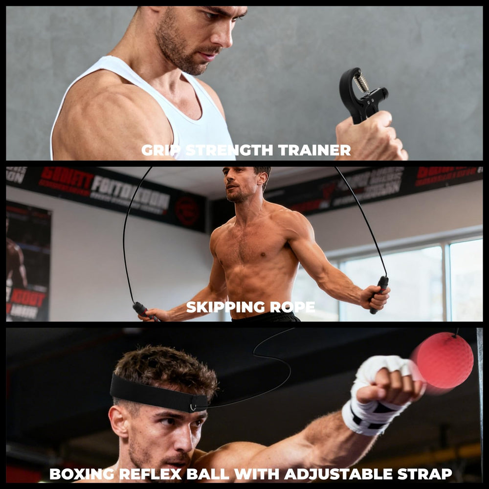 ZOOFOX included accessories laid out with hand wraps and reflex ball for ready workouts