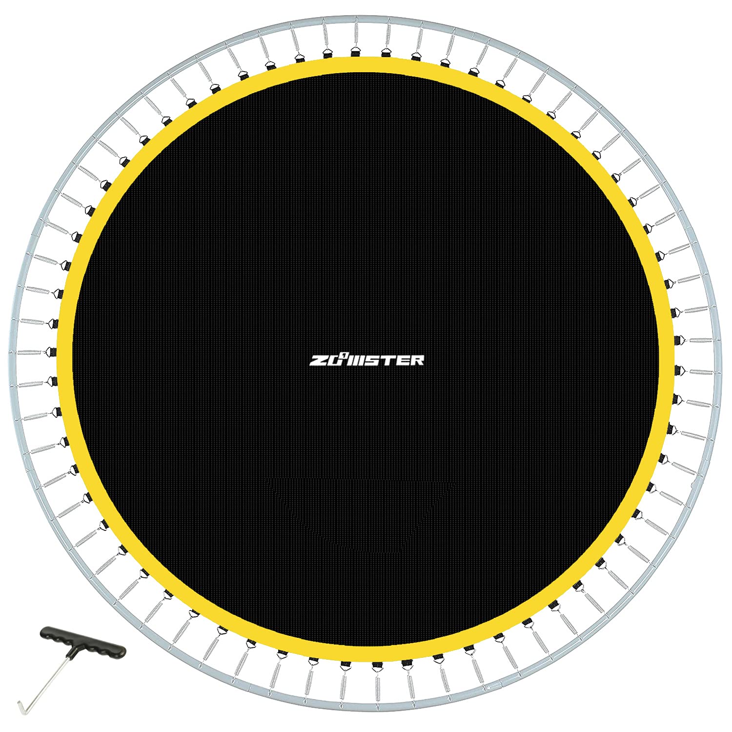Zoomster front view of 14FT trampoline mat showing full surface and fit benefit