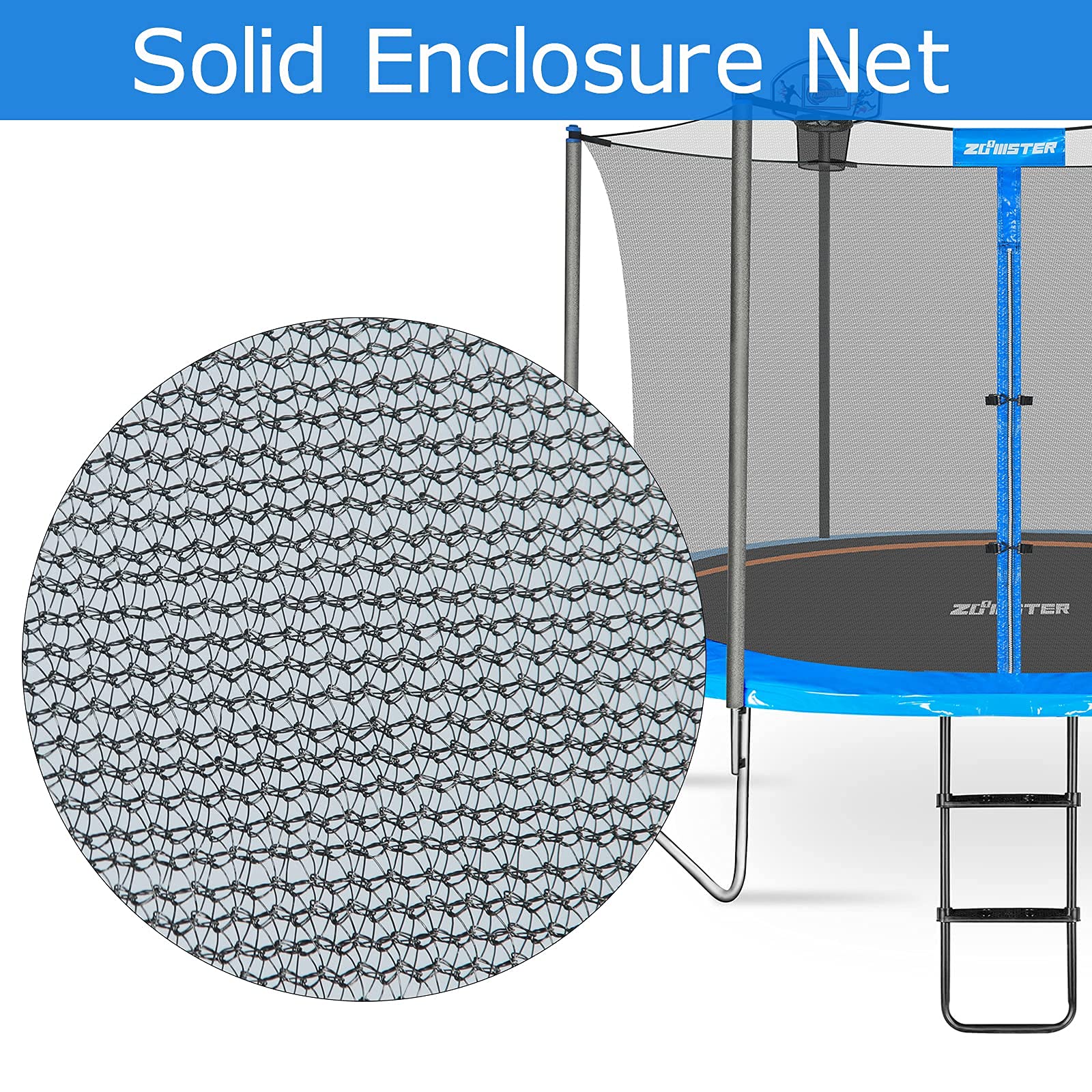 Zoomster net installed on round trampoline illustrating full protective barrier