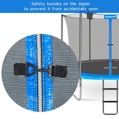 Zoomster zipper and safety buckle closure showing secure entry benefit