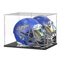 ZQYALPSID front view of helmet display case highlighting clear acrylic and polished presentation