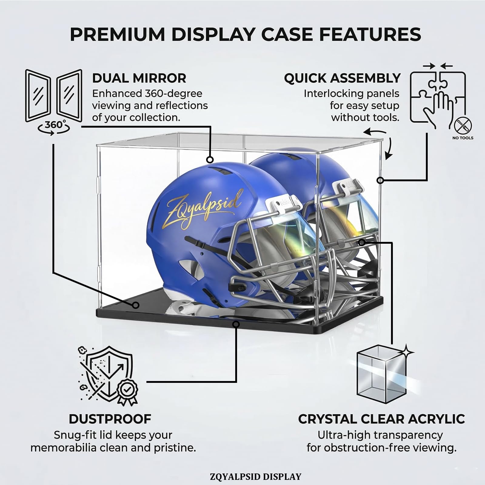 ZQYALPSID mirrored back and base reflecting helmet details for enhanced visual depth
