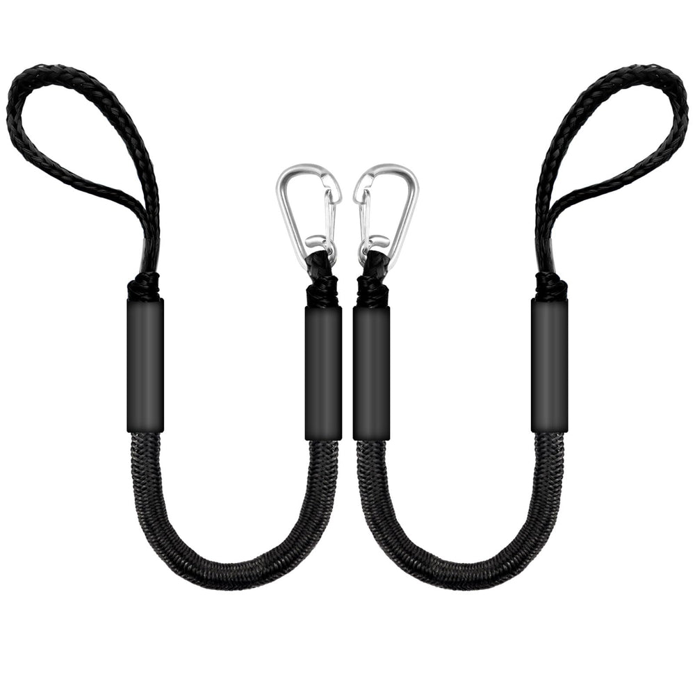 ZRSCHYG front view of two black bungee dock lines, shows compact pack and convenience