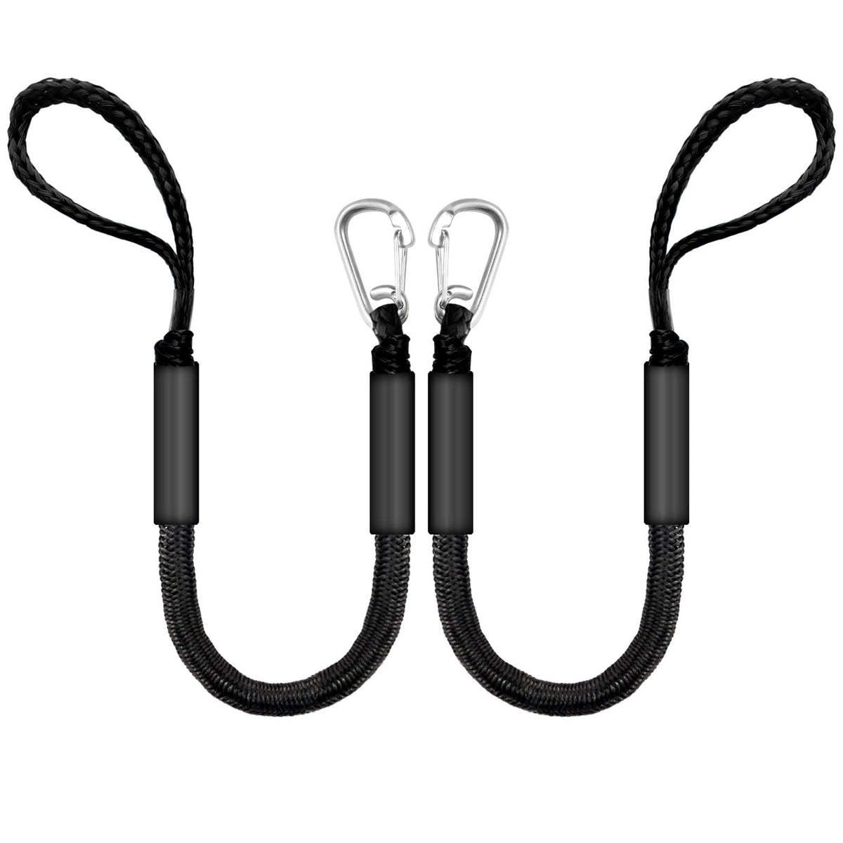 ZRSCHYG front view of two black bungee dock lines, shows compact pack and convenience