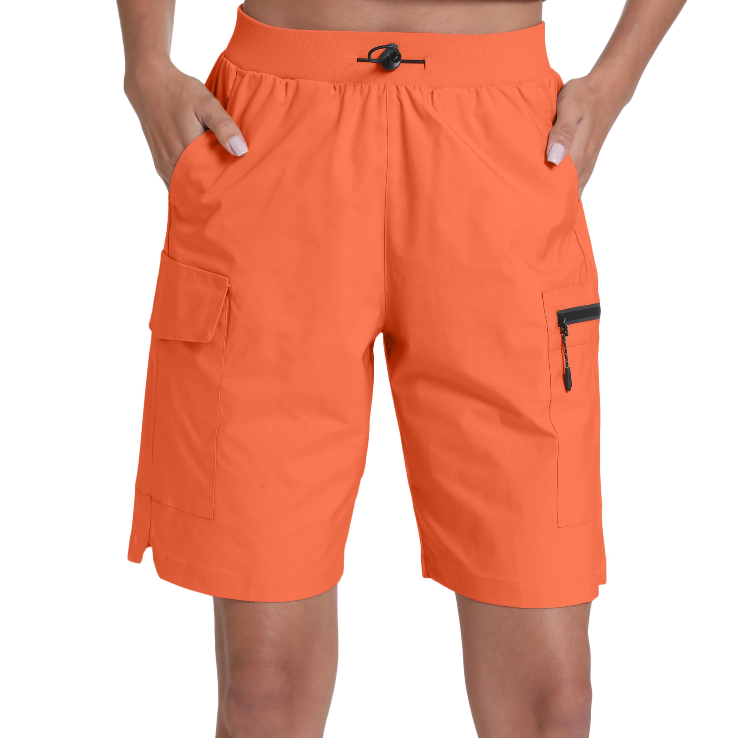 zsenoxaxi front view of orange hiking cargo shorts showing pocket layout and fit