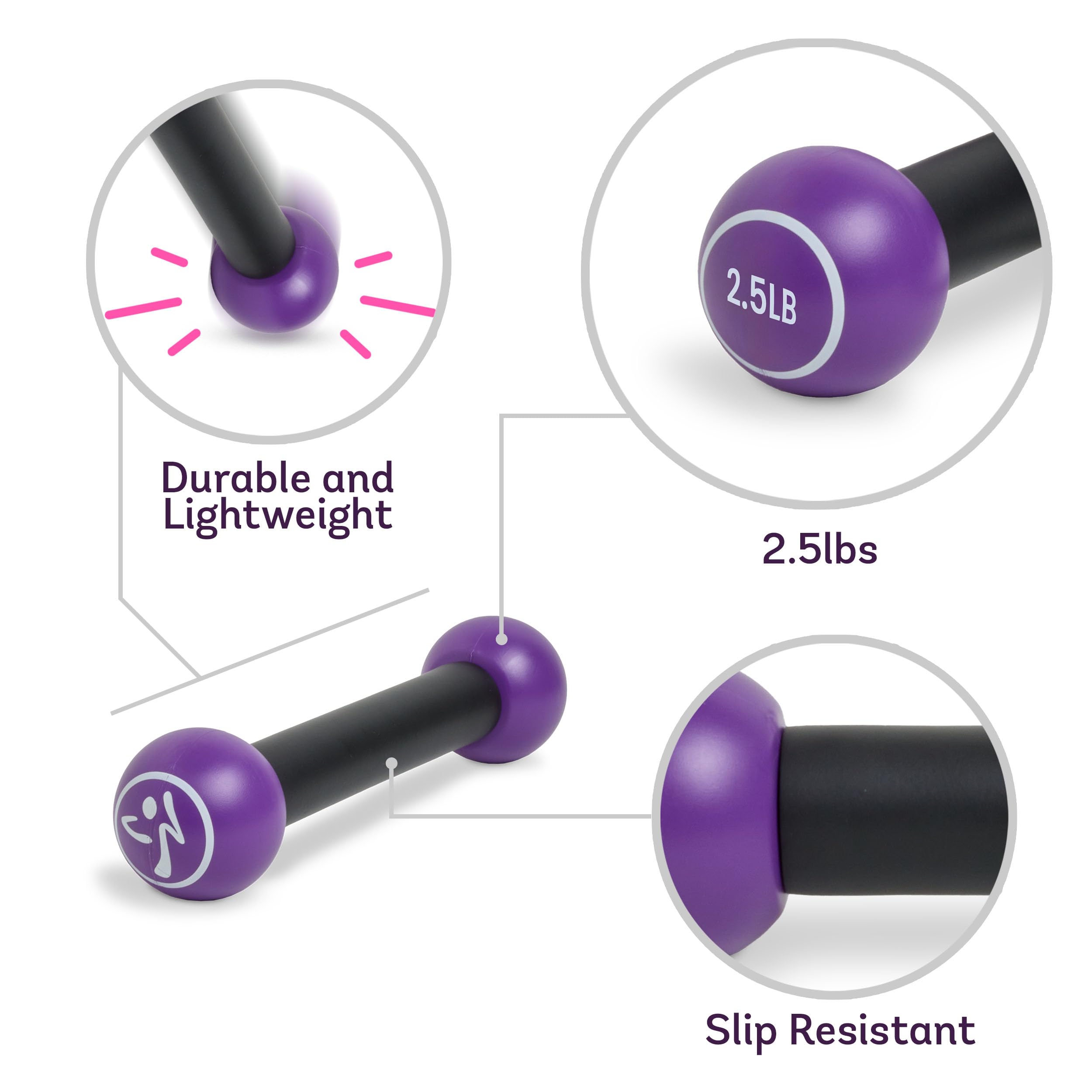 ZUMBA side profile of dumbbells showing rounded ends and stable placement benefit