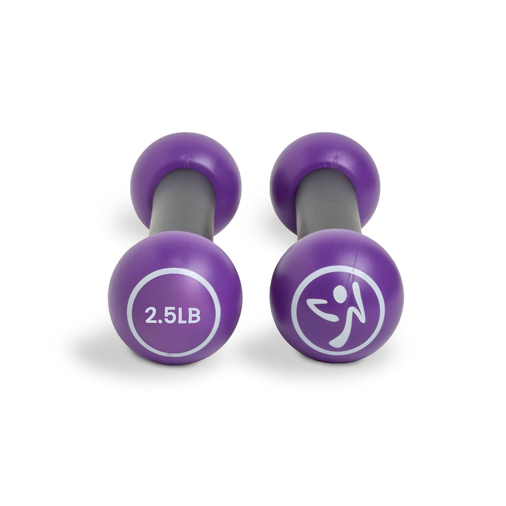 ZUMBA dumbbells held in hand showing scale and portability benefit