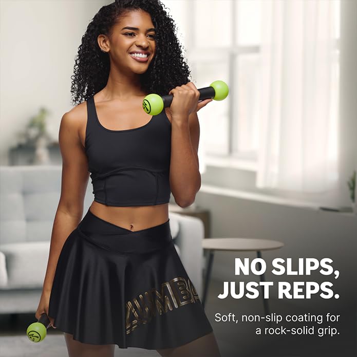 ZUMBA dumbbells stored on shelf illustrating easy storage and neat space benefit