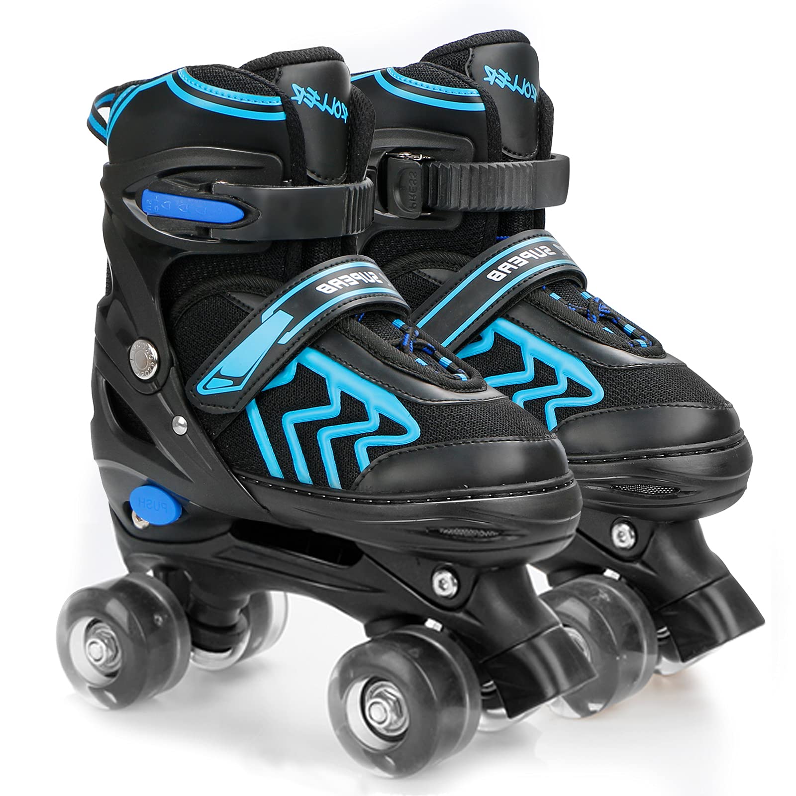 ZXLN frontal view of black and blue adjustable quad skates showing overall design and fit benefit
